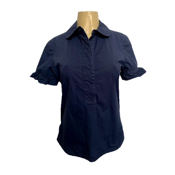Tory Burch Cotton Shirt Half Button Navy Short Sleeve Ruffled Stretch Blue Top 8 - Picture 1 of 6